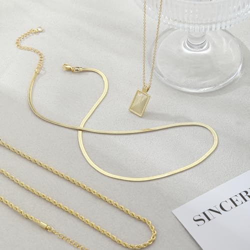 Layered Gold Silver Necklaces for Women, Stackable Stack 14K Real Gold Plated Silver Chain Necklace Diamond Circle CZ Layering Pendant Necklaces Trendy Gold Jewelry Set Gifts - color: gold, style: 3PC-Rectangle
