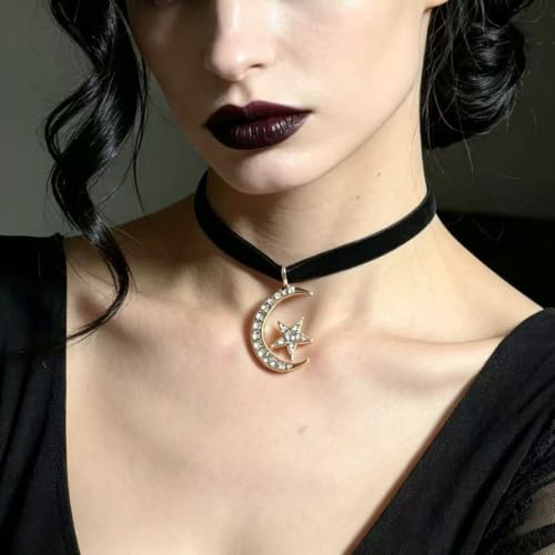 Gothic Moon Star Choker Necklace Black Velvet Choker Necklace Rhinestone Moon Pendant Necklace - color: Black Moon star choker