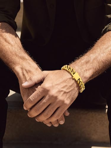 Bandmax Mens Hip Hop Cuban Link Bracelets 5/7/9/12MM Stainless Steel Miami Curb Chain Bracelet Silver/Gold Plated/Black Wristlet Chains for Men 7"-9" - color: 12 12MM-Gold