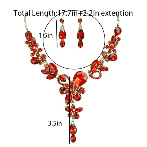 Rhinestone Crystal Bridal Necklace Floarl Art Deco Teardrop Collar Necklace Dangle Earrings Jewelry Set for Women - color: Red