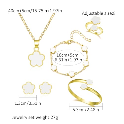 Clover Jewelry Set for Women Non Tarnish Gold-Tone Five Leaf Clover Necklace, Earrings, Ring, Bracelet Fashion Simple Floral Jewelry Set - color: White