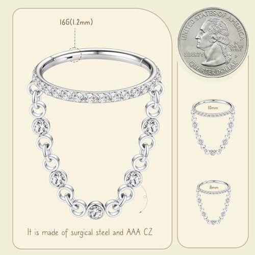 AROWRO Chain Septum Rings 316L Surgical Steel Septum Clicker Daith Piercing Jewelry Dangle Nose Rings for Women 16G 8/10mm Conch Cartilage Hoop Seamless Hinged Septum Jewelry with Clear CZ/Opal - color: Style-3-Silver chain&Clear CZ, size: 16G-10mm