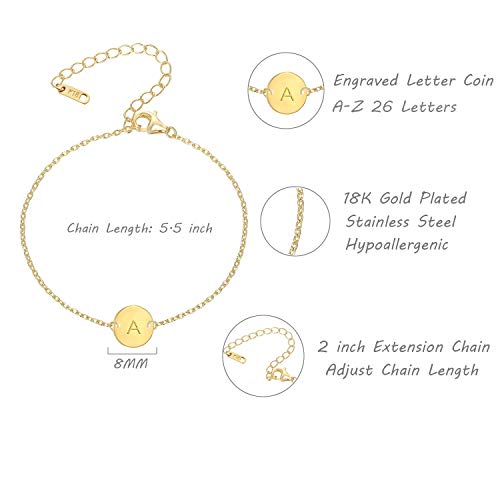 Ovian Initial Charm Bracelet for Women 18K Gold Plated stainless steel Coin Disc Engraved Letter Bracelet Personalized Monogram Name Bracelet - color: D