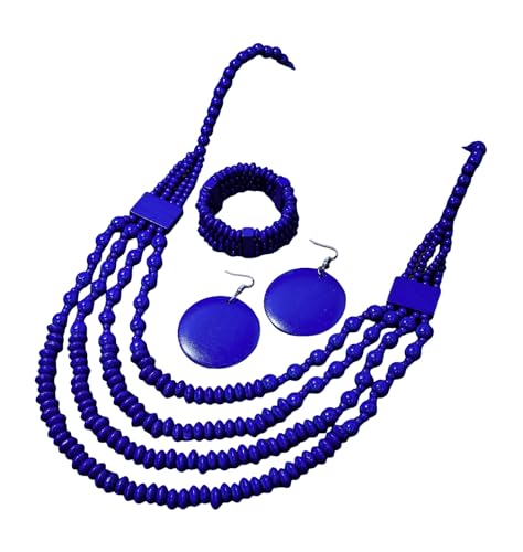 Colorful Ethnic Wooden Earrings Round Statement Dangle Earrings Multilayered Geometric Beaded Bracelet Necklace Set for Women Exaggerated Tribal Jewelry - color: Dark Blue