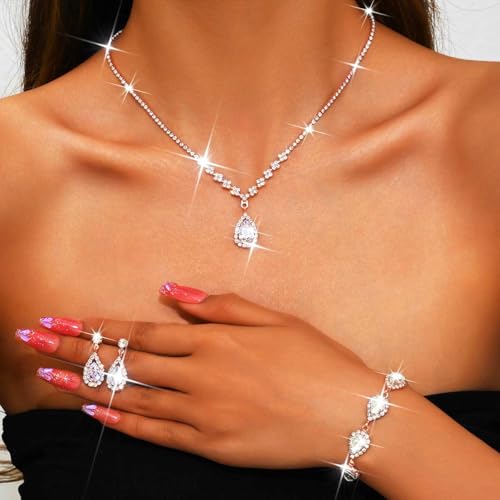 Unicra Bride Crystal Necklace Earrings Set Bridal Wedding Jewelry Sets Rhinestone Choker Necklace Prom Costume Jewelry Set for Women and Brides - color: D-3 Pack Gold Necklace Bracelet Earrings