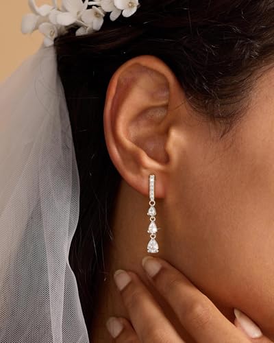 14K Gold Plated/Sterling Silver CZ Pearl Drop Dangle Earrings for Women - color: Silver-Long CZ