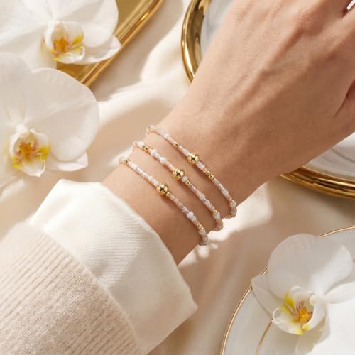 Small Seed Beaded Stack Bracelets Set for Women,Boho Handmade 3Pcs Colorful Glass Gold Stretch Accessories Jewelry, Summer Beach Wear Holiday Friendship Gift - color: Peach