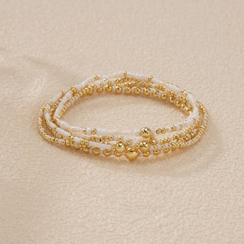 14K Gold Plated Beaded Bracelets Stack Set for Women,Stretch Boho Ball Jewelry Friendship Trendy - color: White