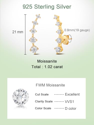 Moissanite 20mm Butterlfy/Flower/Leaf/Bezel Crawler Stud Earrings for Women, 925 Sterling Silver with Gold Plated, Hypoallergenic Cartilage Earrings, Valentines Birthday Anniversary Wedding Gift - color: Round - Yellow Gold
