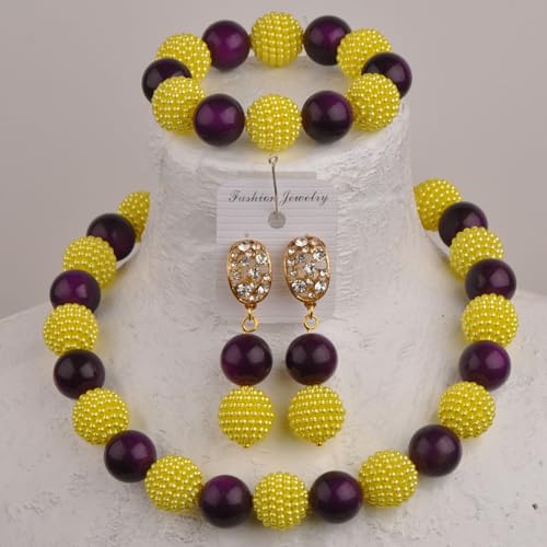 Nigerian Wedding African Beads Jewelry Set Women Simulated Pearl Necklace and Earrings - color: Purple-Yellow