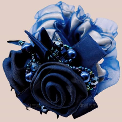Satin Hair Scrunchie with Rose Flower, Brown and Gold, Pearl Beads, Ribbon Bow, Hair Tie Accessory, 9cm (bule) - color: bule