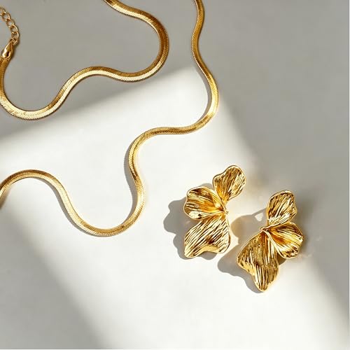 OGD Chunky Gold Statement Earrings For Women Trendy Gold Plated Sectored Flower Leaf Angel Wing Earrings Large Stud Jewlery Hypoallergenic - color: Flower+Snake 3 Set-Gold