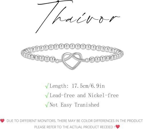 Beaded Bracelets for Women 14K Silver Gold Plated Stretch Handmade Ball Bracelets Cute Charm Bracelet Dainty Stackable Cross Heart Bow Wave CZ Circle Trendy Jewelry Easter Gifts - color: knot-heart-silver