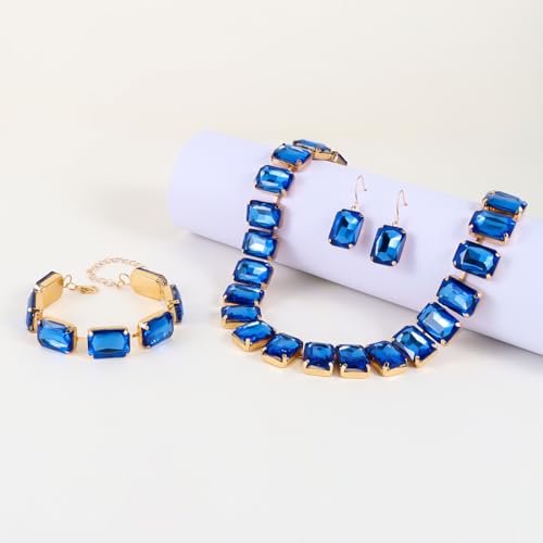 KOSMOS-LI Rectangle Faux Crystal Jewelry Sets Includ Necklace Bracelet Earrings For Women Stocking Stuffers - color: blue