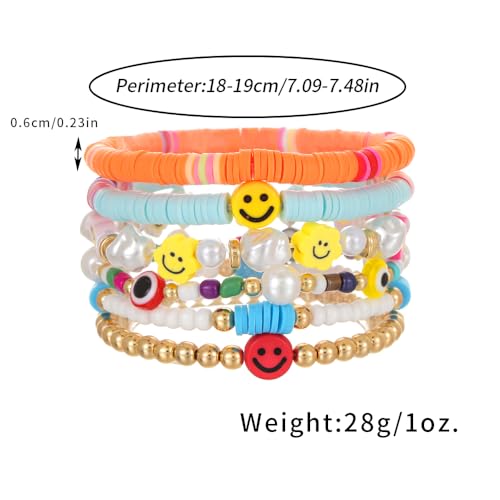 Friendship Bracelets for Women - Heishi Surfer Colorful Smile Evil Eye Clay Beaded Stretch Bracelets Elastic Layering - Stackable Boho Disc Y2K Aesthetic Summer Jewelry Set. - color: A-Evil Eye-6pc Colorful 01