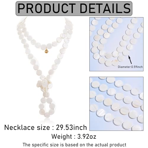 Firstmeet Flat Round Coin Shell Beads Long Knotted Necklace Natural Mother of Pearl Handmade Jewelry For Women - color: White