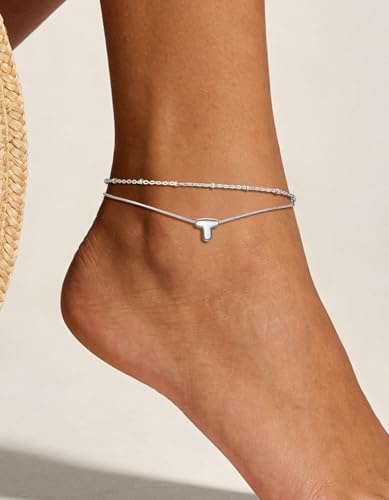 ChainsHouse Initial Ankle Bracelets for Women Waterproof, 14K Gold Plated Layered Initial Anklets Non Tarnish, Adjustable Stainless Steel Women's Ankle Summer Beach Foot Jewelry - color: Stainless Steel, size: Initial T