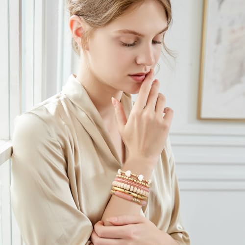 GOOJIDS Simple Beaded Gold Plated Bangles Bracelet Chunky Bamboo Tube Curved Stacking Clear Acrylic Colorful Beads Stretchable Gold Plated Bracelets Set For Women - color: A-A1 Gold Bead Set D