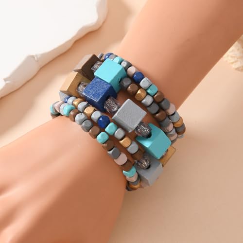 Bohemian Multicolor Natural Wooden Beads Woven Stretch Bracelets Retro Thick Coconut Shell Wood Beaded Elastic Wristband Bracelet Wide Chunky Ethnic Bangles for Women Holiday Jewelry Gifts - style: StyleK