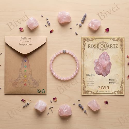 Bivei Crystal Stretch 6mm Bracelets for Women | Handmade Natural Stone Beaded Stretch Bracelet, Stainless Steel Heart Bead, Tranquility Yoga Gift Jewelry for Women - color: Rose Quartz - Self-Love