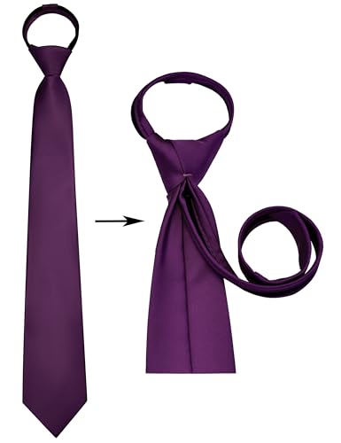 Branduce 3.15"(8cm) Mens Solid Satin Tie Pre-tied Adjustable Zipper Necktie for Business and Wedding - color: Dark Purple