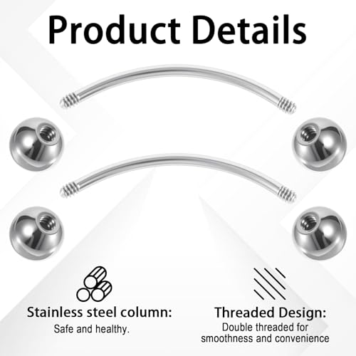 Yolev 8 Pcs 20G Curved Barbell Piercing Jewelry Stainless Steel Eyebrow Jewelry 4 Sizes Vertical Labret Lip Jewelry Eyebrow Piercing Belly Button Ring Eyebrow Ring For Women (6mm 8mm 10mm 12mm)
