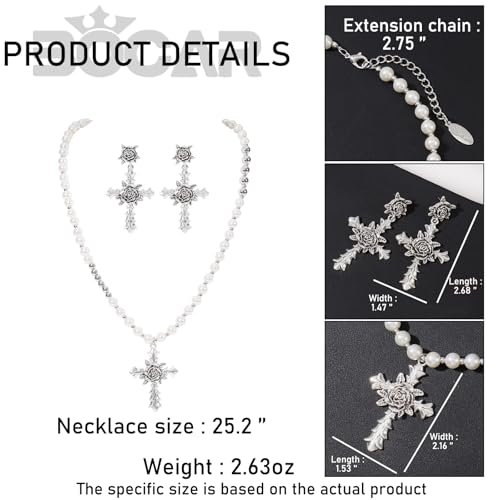 Bocar Gothic Cross Layered Pearl Necklace Chunky Statement Stacked Necklace Y2K Silver Layered Necklace for Women (NK-10769) - color: 799-White