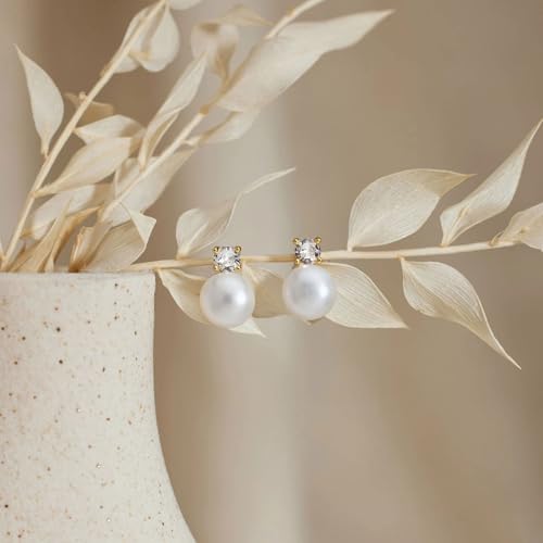 WFYOU Pearl Earrings for Women 925 Sterling Silver Stud Earring | 14K Gold Plated Hypoallergenic Stud Earrings, White Diamond Dainty Bridal Earring, Trendy Jewelry, Wedding Party Gifts - color: Gold B, size: 8mm