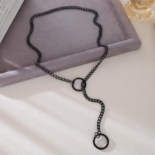 Slip Chain Choker for Women Handmade Black Stainless Steel Cuban Chain Chunky Moon Bat Raven Skull Pendant Gothic Punk Rock Collar Adjustable Lariat Y Necklace for Men - style: Black O-ring
