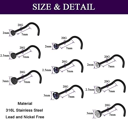 20G Nose Rings Studs Black 316L Surgical Steel 2mm 2.5mm 3mm Round CZ Nose Ring for Women Men L Shaped Nose Bone Nose Screw Ring Set Nostril Piercing Jewelry - color: 9Pcs-Nose Screw Stud-Black