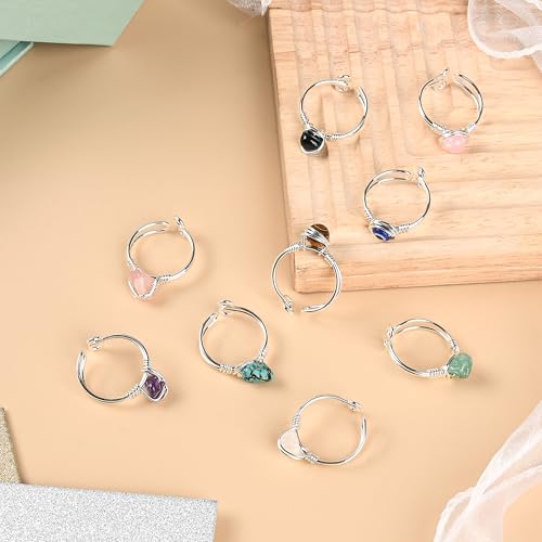 9 PCS Healing Crystal Ring, Adjustable Wire Wrapped Rings Irregular Gemstone Rings Set for Women - color: Silver-Style A
