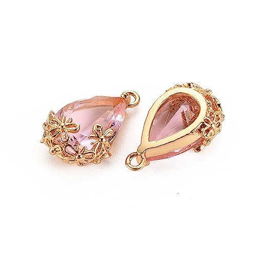FASHEWELRY 50Pcs Faceted Teardrop Glass Charms Transparent Crystal Drop Pendants with Light Gold Brass Flower Setting for DIY Bracelet Necklace Earring Jewelry Craft Making - color: Pink
