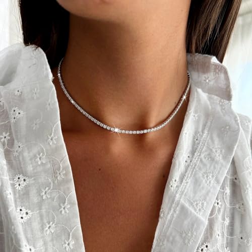 Rhinestone Necklace Bracelet Jewelry Set for Women Sparkly Crystal Cubic Zirconia Chain Choker Necklace Brides Bridesmaid Prom Costume Accessorie - color: Silver