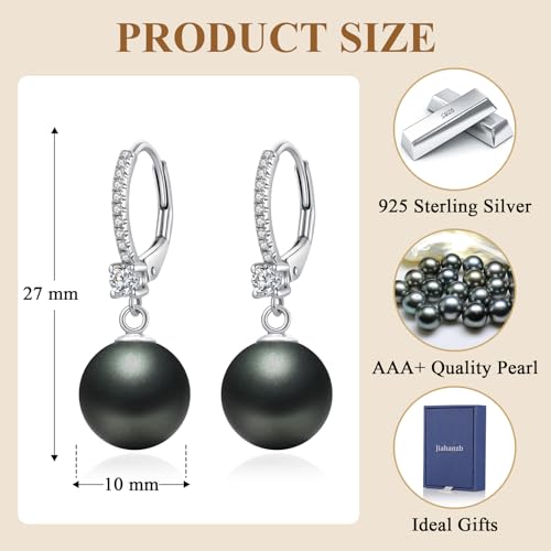 Pearl Dangle Drop Earrings for Women 925 Sterling Silver Pearl Leverback Earrings Cubic Zirconia Pearl Dangling Earrings 10MM - color: 4. Black-10mm