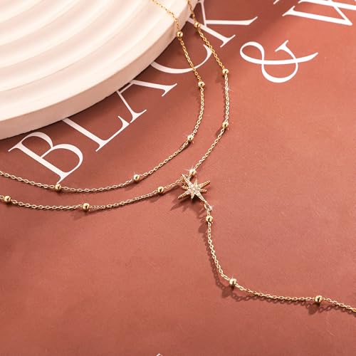 Lariat Necklaces for Women - Dainty Long Necklace Trendy 14K Gold Plated Hypoallergenic Layered Long Y-Shape Sunburst CZ T-Bar Pendant Drop Chain Necklace Set for Women Non Tarinsh Jewelry - style: layered bead sunburst-gd