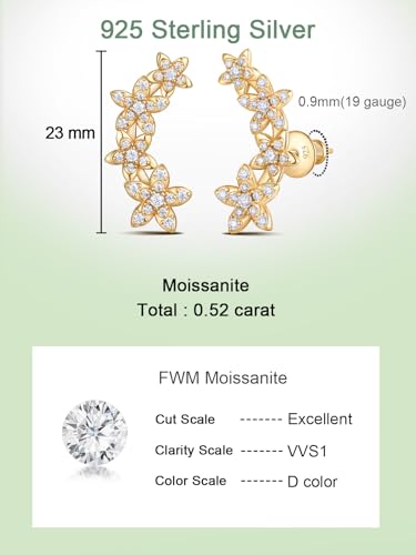 Moissanite 20mm Butterlfy/Flower/Leaf/Bezel Crawler Stud Earrings for Women, 925 Sterling Silver with Gold Plated, Hypoallergenic Cartilage Earrings, Valentines Birthday Anniversary Wedding Gift - color: Flower - Yellow Gold