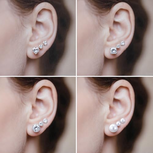 KISS WIFE CZ Stud Earrings Set for Women, Cubic Zirconia Stud Earrings in Multiple Sizes, Triangle Oval Heart Round Pearl Square Earrings, Hypoallergenic Silver Stud Earrings for Cartilage Piercing Jewelry - style: Heart+Round+Square+Pearl