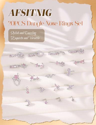20Pcs 20G Dangle Nose Rings for Women Surgical Steel L Shaped Dangling Nose Studs Dainty Nose Ring Hoop Set CZ Heart Flower Butterfly Moon Nose Piercing Jewelry - color: Silver Pink Nose Rings