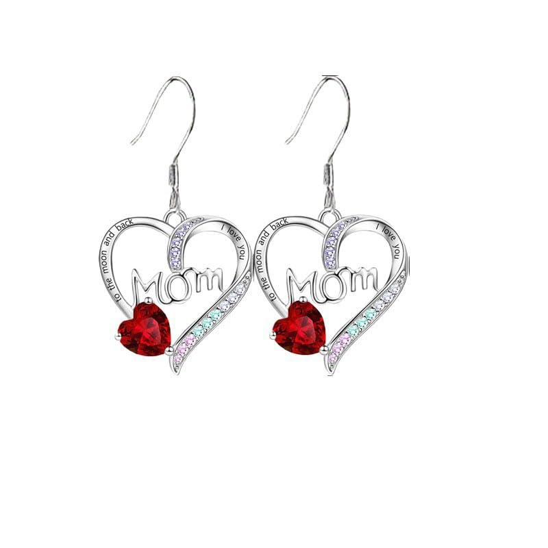 Mother's Day Heart Necklace and Earrings Set – Jewelry Set with Red Artificial Ruby Heart,Simulated Diamonds Accents & Mom Engraving –Gifts for Mom from Daughter or Son