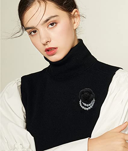 Wool Camellia Flower Pearl Tassel Brooches Pins Delicate Flowers Brooch Classic for Wedding Party Dance Banquet for Women Dainty Elegant Lapel Pins Dress Suit Accessories - color: Black