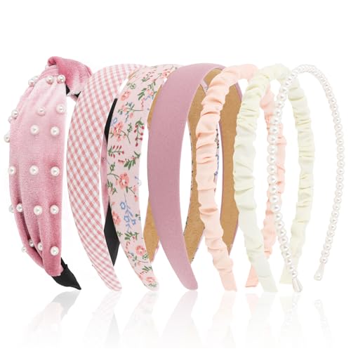 7 Pack Pink Headband for Women Girls Cute Headbands for Women Non Slip Pearl Beads Knotted Pink Head Bands Cute Accessories - color: Pink