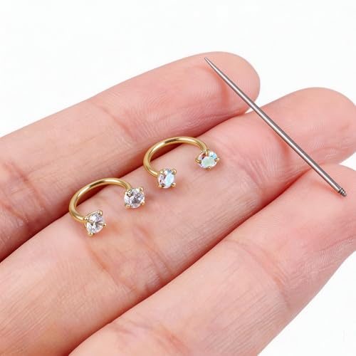Titanium Horseshoe Nose Ring 20g, Gold Silver Nose Rings Hoops with Double CZ Gems Hypoallergenic Septum Ring for Women Men, Small Cartilage Helix Tragus Daith Labret Piercing Jewelry 7mm 8mm 9mm - color: Gold-CZ+AB