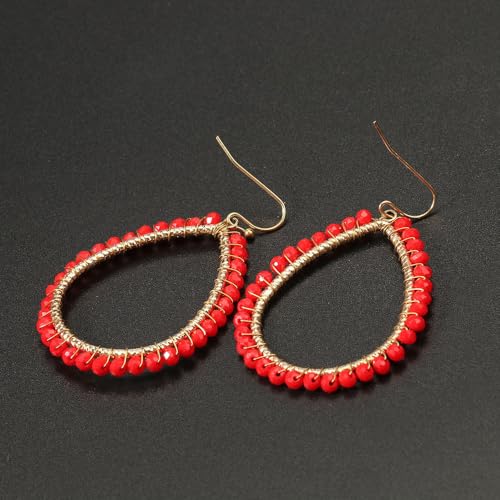 Boho Beads Teardrop Earrings Dangling Gold Hoop Earrings for Women - color: Red