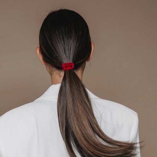 VLOMOT 3 Pcs Set 100% Pure Mulberry Silk Hair Scrunchies (Red) | Silk Hair Ties for Thin Hair with 3 Chic Colors Everyday Skinny Scrunchies Silk Ponytail Holders Hair Care No Damage - color: Red