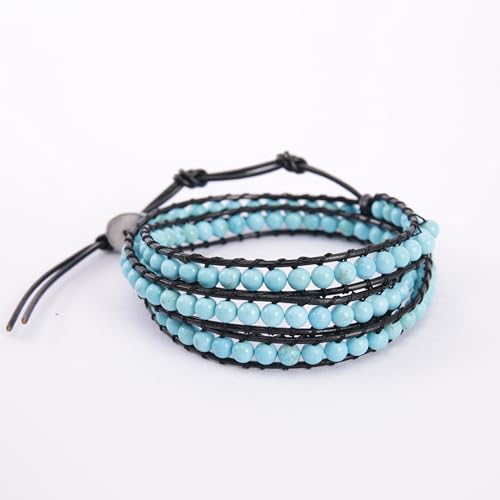 Handmade Alloy Leather Natural Stone Bead Statement Bracelet Bangle Cuff Rope 3 Wrap Adjustable Jewelry Collection - color: BlueTurquoise& 3Wrap Black Leather Cord