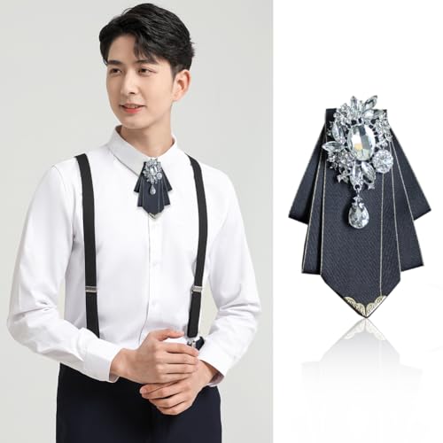 Crystal Bow tie Brooches Collar Pin Jewelry ribbon Fabric Bowknot Pre Tied Neck Tie For men Women wedding bridegroom - color: Dark Grey