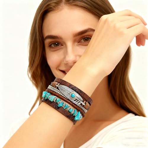 Leather Wrap Bracelets for Women, Boho Leopard Multi-Layer Crystal Beads Cuff Jewelry - color: J-Warp-022