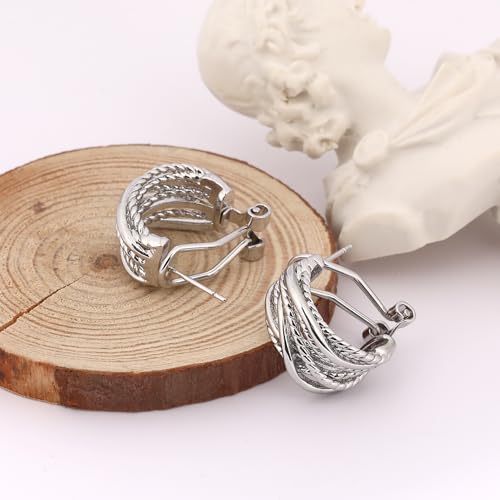 Mytys Two Tone Huggie Hoop Earrings Cross Over Design Twisted Rope Silver Gold Statement Wide Band Clip On Hoops for Women Fashion Jewelry Gift - color: Silver