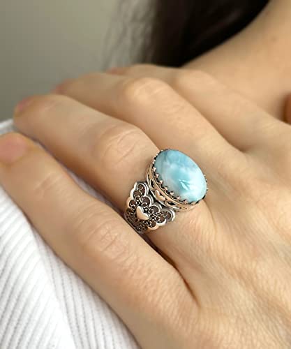 Filigranist 925 Sterling Silver Handcrafted Filigre Art Double Heart Detailed Women Cocktail Ring with Gemstones - color: Larimar