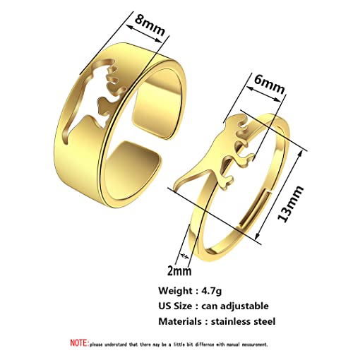 2PCS Matching Cute Animals Promise Engagement Rings for Couples Men Women Jewelry Band Sets 316L Stainless Steel Adjustable Open Ring - color: Dinosaur-s